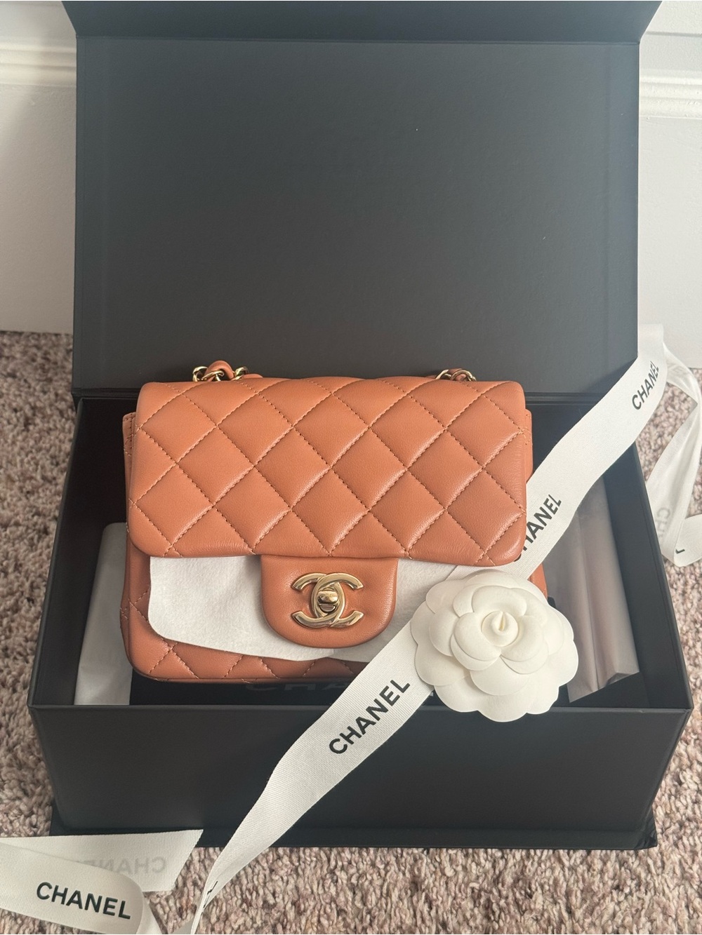 22S Mini Square Caramel Lambskin LGHW